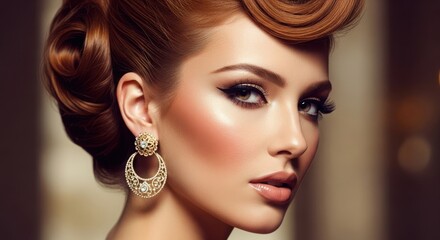 Fototapeta premium Elegant woman with vintage hairstyle and jewelry portrait