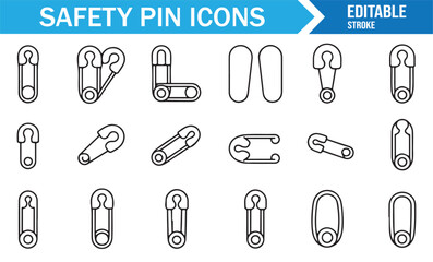 Sewing tool safety pin icons outline pack for clothing and wardrobe use