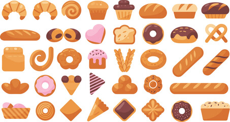 Assortment of Baked Goods and Pastries in Flat Design Style croissant pastry
