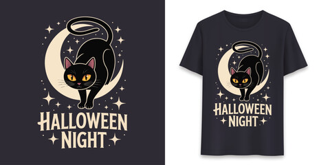 Vintage Black Cat with Moon Halloween Night T-Shirt Design Illustration