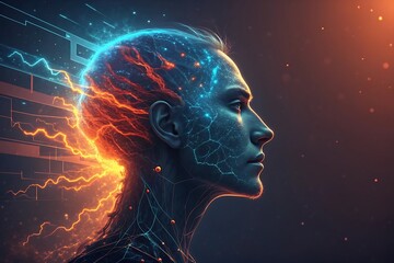 Futuristic digital artwork of a human head emitting abstract energetic waves of light