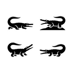 Four stylized crocodile line art illustrations;  black background, minimalist design, vector graphics.