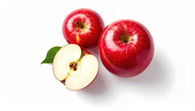 Two whole red apples and a slice, on white