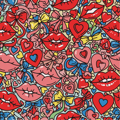 Fototapeta premium Vibrant Seamless Love Pattern with Cartoon Lips, Hearts, and Bows