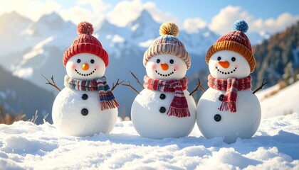 Obraz premium Three snowmen stand merrily on snowy ground, adorned with colorful hats and scarves, against a backdrop of majestic, snow-capped mountains