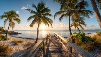 Fototapeta premium Serene Beach Pathway Surrounded by Lush Palm Trees at Sunrise