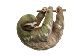 Placid mature three-toed sloth hanging upside down, its face obscured by moss-green and brown shaggy fur, on a transparent studio background with copy space. Concept of quiet endurance and natural