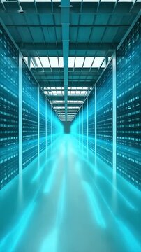 Cybercore Infrastructure: A futuristic data center hallway, lines of servers bathed in ethereal neon light, highlighting the essence of technology.