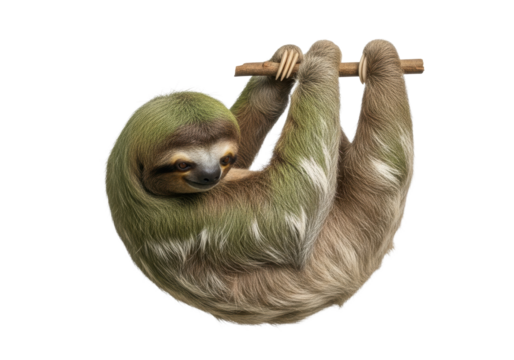 Placid mature three-toed sloth hanging upside down, its face obscured by moss-green and brown shaggy fur, on a transparent studio background with copy space. Concept of quiet endurance and natural