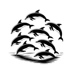 Naklejka premium Elegant Line Art: Pod of Dolphins Leaping, Ocean Scene, Dark Background