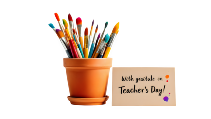 Paintbrushes in terracotta pot - Teacher's Day greeting, isolated on transparent background