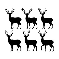 Naklejka premium Six Elegant Stag Silhouettes: Minimalist Black and White Line Art Design, Festive Holiday Mood.
