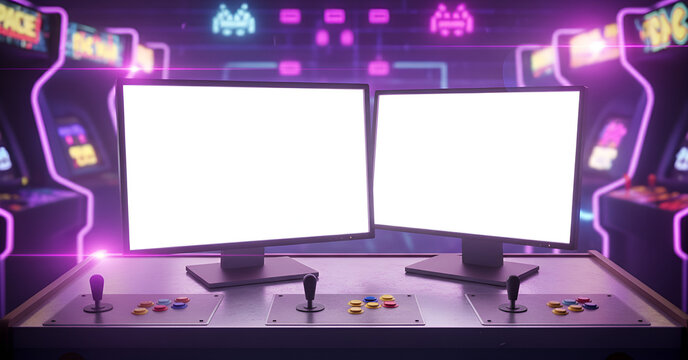 Retro Arcade Game Two Screen Setup with Joysticks and Neon Lights - Powered by Adobe