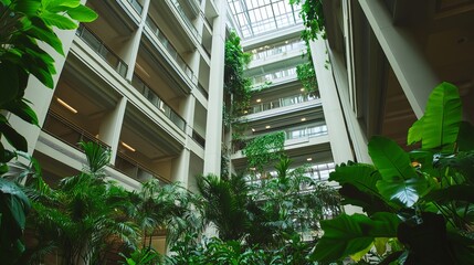 Experience calm in this light-filled atrium with lush greenery and modern architecture for office spaces, retail spaces and indoor gardens