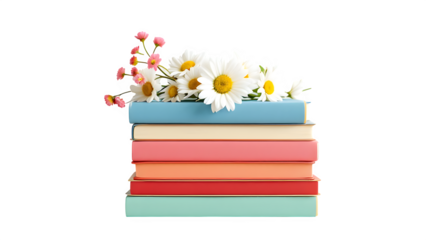 Stack of books with flowers, isolated on transparent background