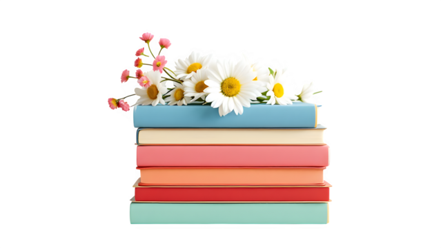Stack of books with flowers, isolated on transparent background