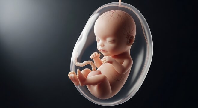 Human fetus inside amniotic sac during pregnancy