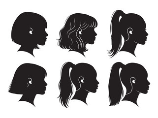 Silhouettes of women's heads with different hairstyles in black and white.