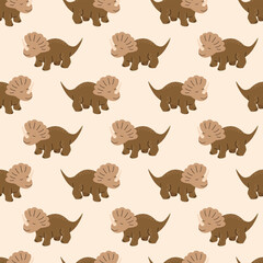 Seamless pattern featuring Triceratops dinosaurs in brown tones on a beige background