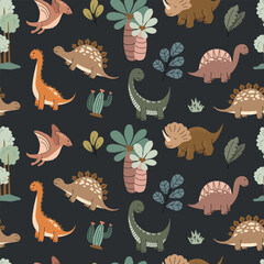 A seamless pattern featuring various colorful  dinosaurs, palm trees, leaves, cacti, and prehistoric elements on a dark background. I
