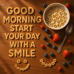 Good morning cereal text with breakfast bowl and motivational lifestyle message