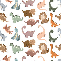 Seamless pattern featuring a variety of hand-drawn cartoon dinosaurs in soft, earthy colors on a white background. © Mariana
