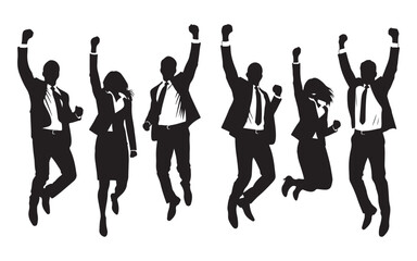Fototapeta premium A group of diverse business people in silhouette, jumping joyfully with their arms raised in celebration.