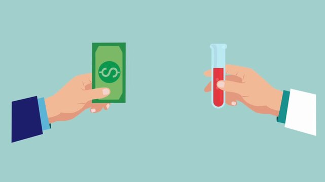 Two hands on green background, one holding money and the other holding a test tube with red liquid, symbolizing healthcare cost, medical research funding, or payment for lab tests.