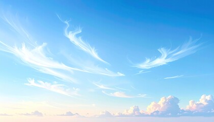 Bright blue sky featuring wispy white cirrus clouds with soft cumulus formations gathering along the horizon, evoking peaceful expanse