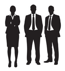 Silhouette of three business professionals, two men and one woman, in formal attire.