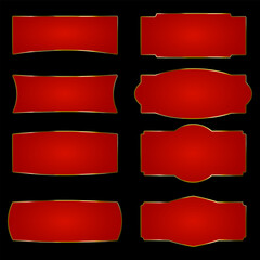 set of decorative red label vector shapes with golden border for design and packaging