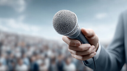 Confident business speaker holding microphone for speech to large audience at public conference or presentation