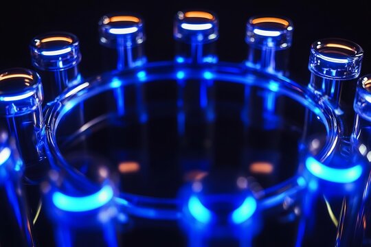 Glowing blue lab tools arranged precise circle clean chemistry layout on dark background