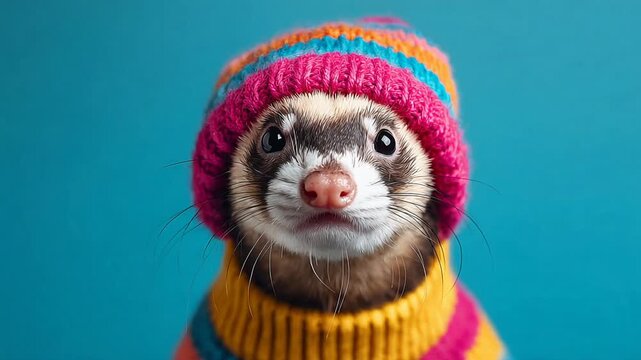 Ferret wearing colorful sweater blue background