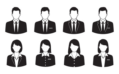 A collection of eight professional business avatar icons, featuring four male and four female figures in formal attire.