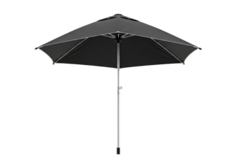 High-tech hexagonal matte black personal canopy with slender polished silver aluminum pole, isolated on pristine transparent background, studio lit, ample copy space, concept of sophisticated utility
