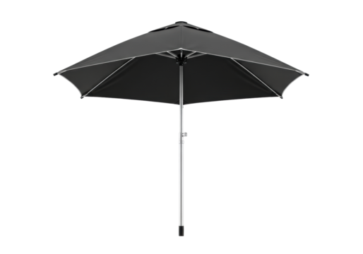 High-tech hexagonal matte black personal canopy with slender polished silver aluminum pole, isolated on pristine transparent background, studio lit, ample copy space, concept of sophisticated utility