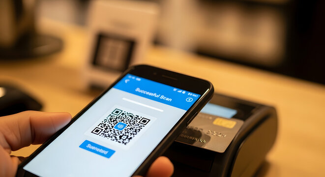 A hand holds a smartphone displaying a QR code, ready for payment at a point-of-sale terminal.