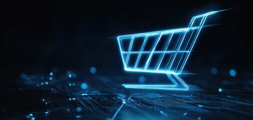The glowing digital shopping cart against a dark technology background.