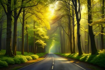 Obraz premium Sunlight streams through a lush forest onto a winding road