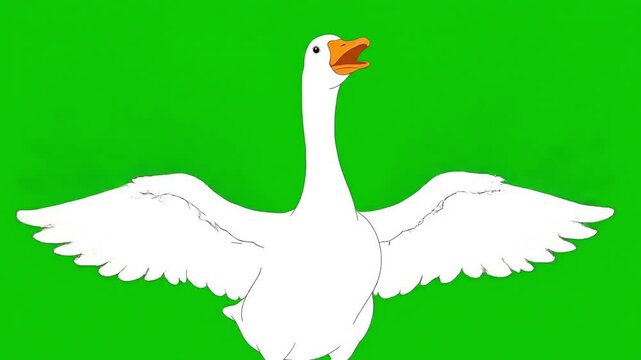 A white goose with wings spread wide, honking loudly with an open beak against a vibrant green background.