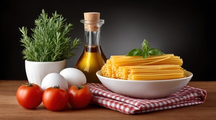 Delightful ingredients for crafting raw homemade pasta on a rustic wooden table with natural lighting showcasing freshness