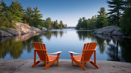 Empty camp chairs invite relaxation by the serene lake shore surrounded by lush green trees on a clear, peaceful day