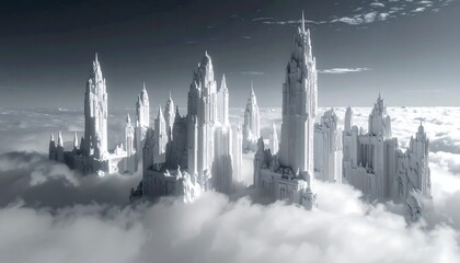 White city above cloudscape