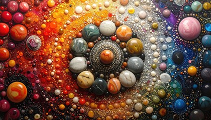 Colorful, textured art piece.  A circular design with many small, round objects in various colors, textures, and shades
