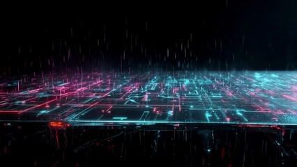 Digital neon circuit glowing pink and blue with rain falling on dark surface