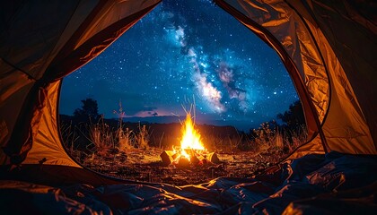 Inside a tent looking out at a starry night sky and a campfire. Warm orange glow illuminates the tent opening and surrounding area