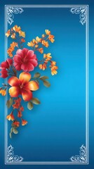 Obraz premium Vibrant floral design in pink and orange against a soothing blue background creates an inviting banner with ample space for custom text and messages