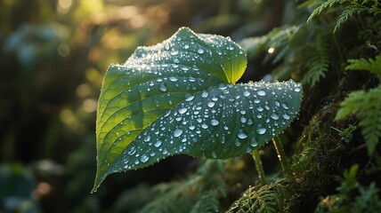 Dewdrops glisten on a vibrant green leaf in a lush forest setting, catching the morning sun.