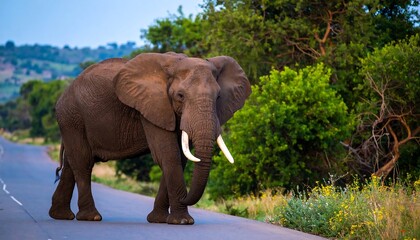 Obraz premium Elephant on a road in savanna
